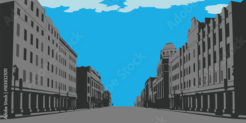 Urban cityscape with vintage buildings under a clear blue sky, perfect for architectural designs and city planning presentations with a nostalgic feel