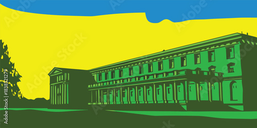 Architectural building with blue sky and yellow background creating a modern design, perfect for showcasing architecture, design, or urban development