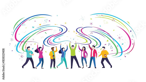 Unified Festivity: A vibrant ensemble of individuals rejoices together, their spirits intertwined with colorful streams of energy, embodying unity, achievement, and communal glee.