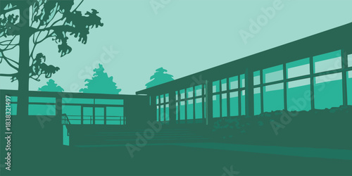 Modern architectural design showcasing a sustainable building with large windows and natural light for eco-friendly business or education promotion