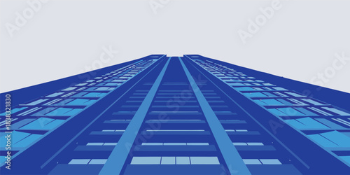 Dramatic perspective of a modern blue building reaching skyward, perfect for conveying ambition, architecture, and urban development visuals for websites
