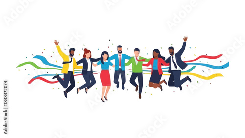 Joyful Unity: A vibrant group of people celebrate together, symbolizing collaboration, diversity, and triumph with colorful confetti.