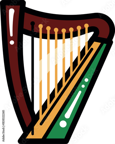Illustration of an Irish Harp with a green and gold design
