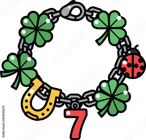 Lucky Charm Bracelet with Shamrocks, Horseshoe, Ladybug & 7