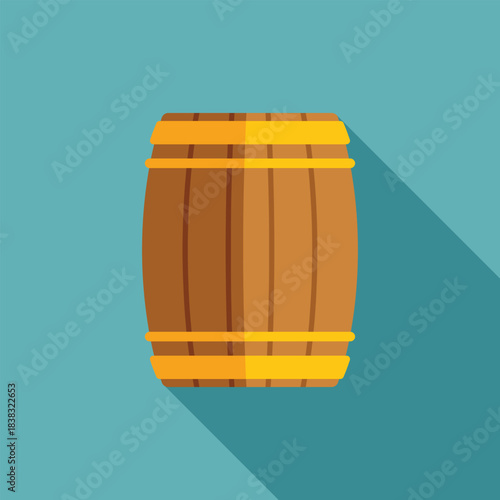 Wooden barrel with yellow metal rings on a turquoise background, ideal for representing concepts related to wine, beer, or other alcoholic beverages