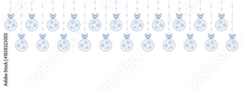 Soft winter Christmas background with hanging light blue baubles and white snowflake icons on clean white space, elegant minimalist border for festive greeting cards, invitations, banners, and seasona