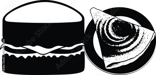 Black and white illustration of a burger and sliced cabbage