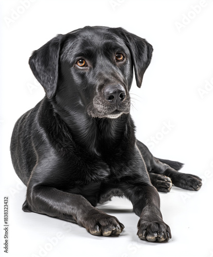 Black labrador retriever lying down isolated on white background.