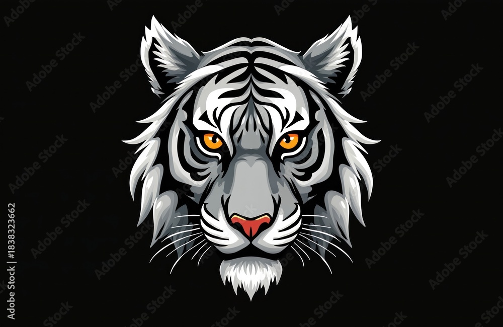 Fototapeta premium Gray tiger face with bright orange eyes and black stripes stares intensely forward against dark background. Fierce predator illustration conveys power and strength, often used for logos or tribal art.