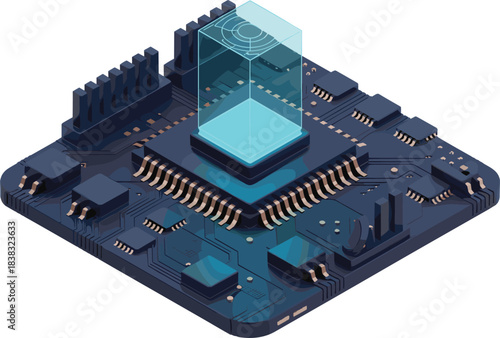 3D futuristic microchip illustration, advanced processor technology, digital circuit board, hologram interface, high tech hardware design, electronic innovation concept
