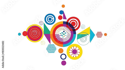 Abstract Geometric Composition: A dynamic arrangement of colorful geometric shapes converges to form a visually striking, modern, and harmonious composition.