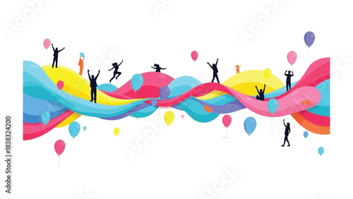 Celebration and Joy: Silhouette figures dance with elation across a wave of vibrant colors and balloons, encapsulating the spirit of festivity and delight.