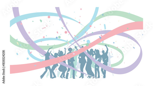 Joyful Celebration Silhouette: A silhouette of people dancing with colorful ribbons swirling, celebrating in a party atmosphere, symbolizing joy and togetherness.