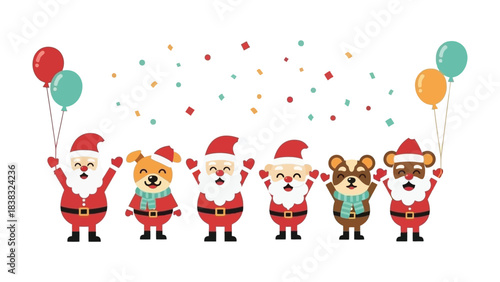 Festive Gathering: Adorable characters dressed as Santa Claus are united in the holiday spirit, holding balloons, and celebrating a moment of joy.