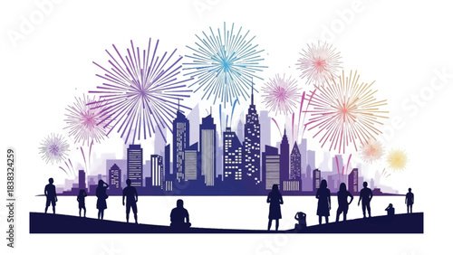 Fireworks over Cityscape: A vibrant display of fireworks illuminates the silhouette of a bustling city skyline, with an enthralled crowd below, all under a vast open sky. 