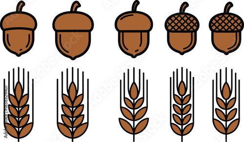 acorn icons, wheat icons, autumn harvest symbols, fall season graphics, outline icons, filled icons, nature elements, rustic food symbols