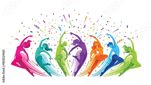 Harmony in Motion: Silhouette dancers gracefully leap and twirl in a vibrant dance, celebrating the joy of movement, artistic expression, and the beauty of synchronized performance. 