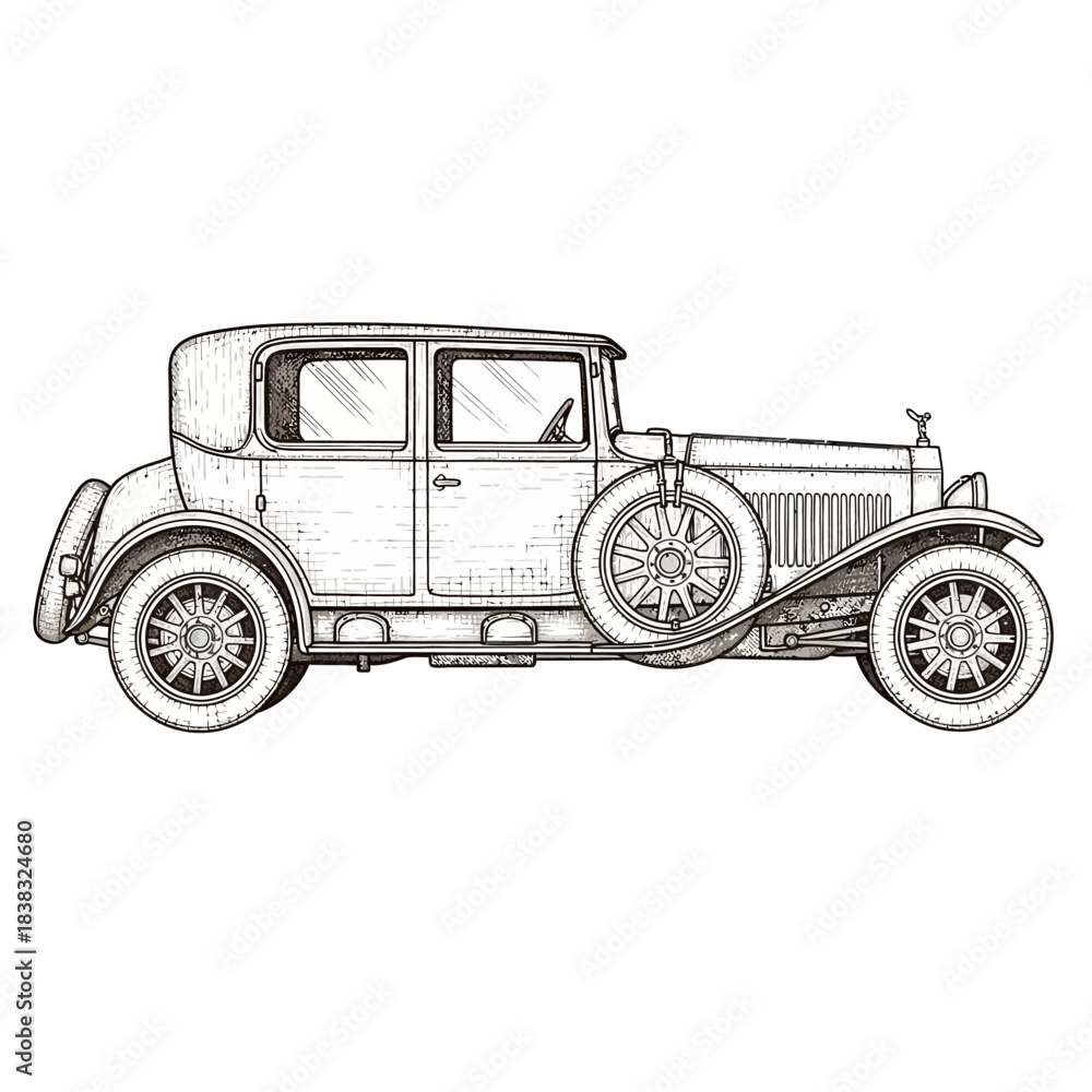 Fototapeta premium Vintage Luxury Car Line Art Illustration – Retro Antique Automobile Sketch