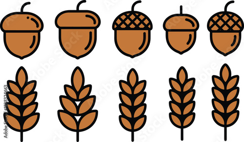 acorn icons, wheat icons, autumn harvest symbols, fall season graphics, outline icons, filled icons, nature elements, rustic food symbols