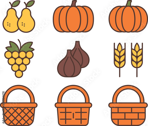 autumn icons, fruit and vegetable symbols, pumpkin icons, pear illustration, grape icon set, wheat stalks, harvest baskets, fall graphics