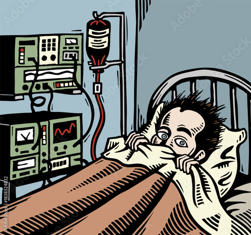 A terrified patient hides under his blanket in a hospital bed, surrounded by medical monitors and an IV drip. This woodcut illustration shows the anxiety & fear of medical treatment or hospital stays.