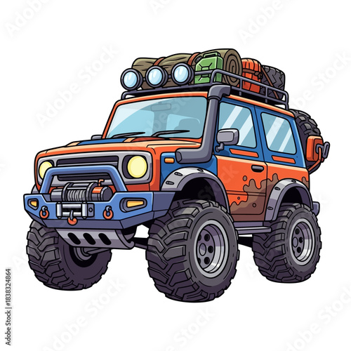 Off-Road 4x4 SUV with Camping Gear – Cartoon Vector Illustration