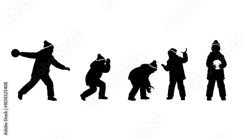 Kids Snowball Fight Vector Silhouettes