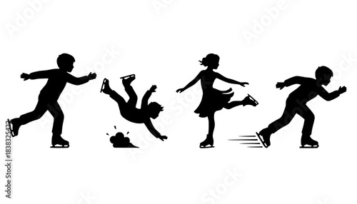 Kids Ice Skating Vector Silhouettes