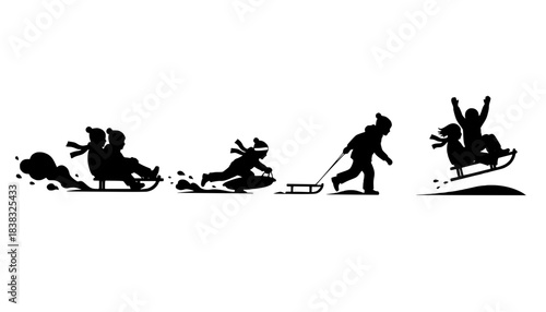 Kids Sledding Winter Silhouettes Set