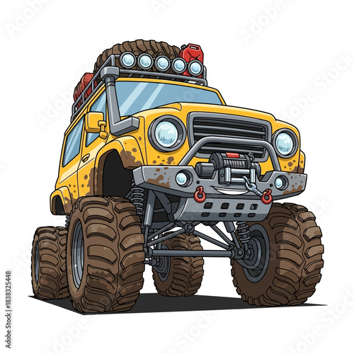 Off-Road 4x4 SUV with Camping Gear – Cartoon Vector Illustration