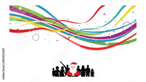Holiday Spirit & Festive Joy: A cheerful Santa figure, surrounded by a crowd of excited figures. Festive ribbons and colorful sparkles enhance the joyous atmosphere