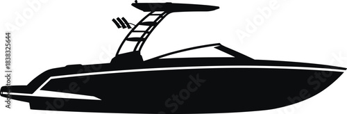 Modern speed boat silhouette, powerboat vector illustration, watercraft graphic design, motorboat icon, nautical transport symbol, marine sport vessel artwork
