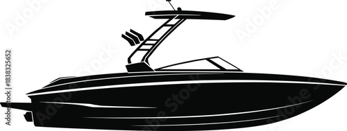 Modern speed boat silhouette, powerboat vector illustration, watercraft graphic design, motorboat icon, nautical transport symbol, marine sport vessel artwork