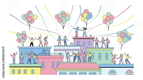 Joyful Gathering on Rooftops: A vibrant illustration depicts a jubilant gathering of people on colorful rooftops, celebrating together with balloons and ribbons.