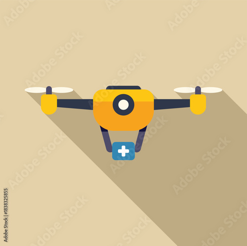 Yellow emergency drone carrying first aid kit is flying to rescue people