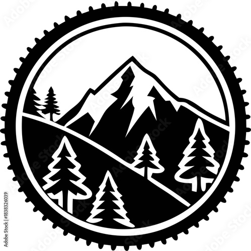 Mountain Bike Trail Badge with Pine Trees and Peaks in Gear Frame Vector Illustration