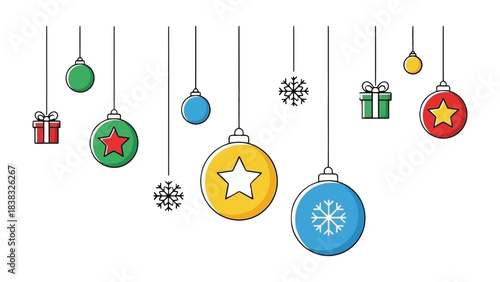 Festive Ornaments: A charming array of hanging ornaments and festive gift boxes, each with unique patterns, evokes the joy of the holiday season and invites a sense of warmth and cheer. 