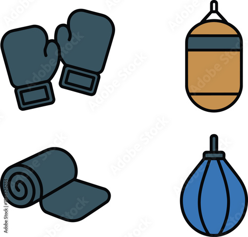 Boxing equipment icon set, gloves, punching bag, speed bag, training mat, gym fitness illustrations, combat sport symbols, flat minimal design