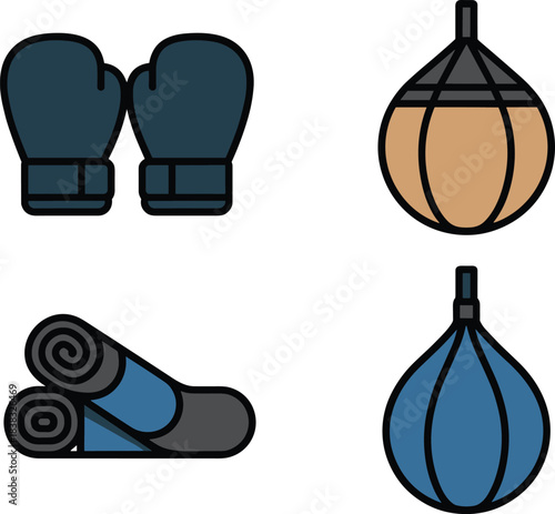 Boxing equipment icon set, gloves, punching bag, speed bag, training mat, gym fitness illustrations, combat sport symbols, flat minimal design