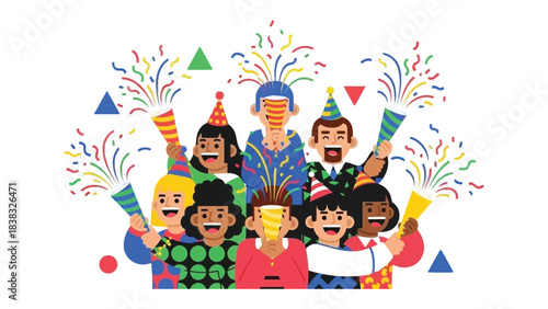 Celebratory Gathering: A lively illustration of a diverse group celebrating with party favors and joy, perfect for events and festive occasions.