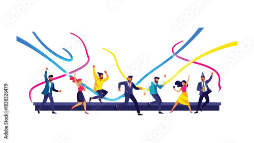 Celebratory Dance: A vibrant illustration showcasing individuals reveling in a party atmosphere, adorned with colorful streamers.
