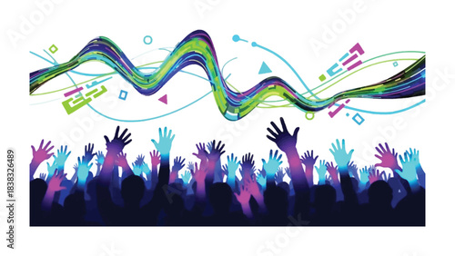 Crowd Cheers with Abstract Sound Wave: The vibrant energy of a cheering crowd is visually amplified by an abstract sound wave that adds a sense of rhythm and euphoria.