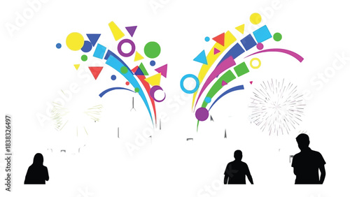 Celebration Abstract Fireworks: Witness an explosion of color and geometric forms illuminate the sky above figures, symbolizing the excitement of new beginnings and joyous moments.