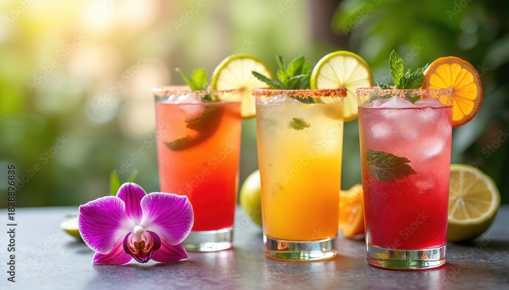 Fototapeta premium Refreshing Mexican beverages with fruit garnishes, ice, and mint sit outdoors. Colorful drinks have rimmed glasses and tropical plant background, perfect for summer promotions.