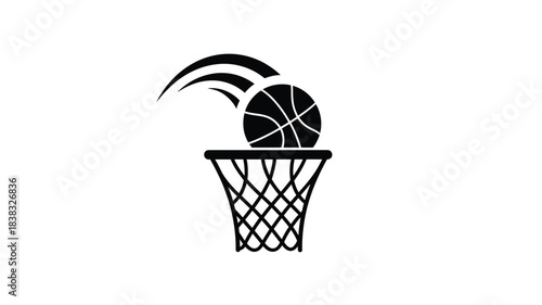 A black and white illustration of a basketball going through a hoop