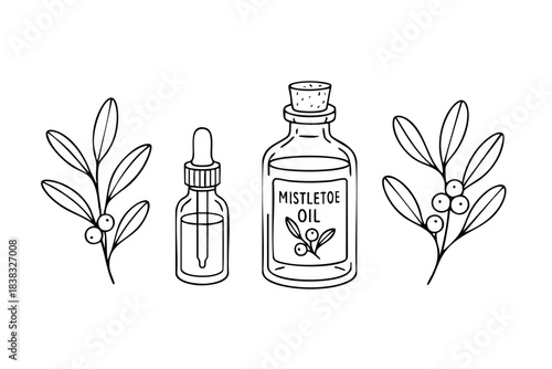 A bottle of mistletoe oil is next to a dropper. The bottle is on the right side of the image
