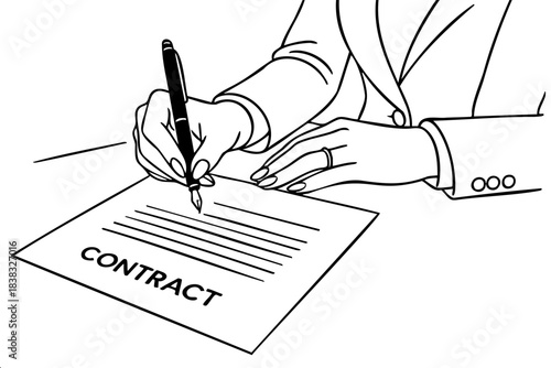 A person is writing the word contract on a piece of paper. Concept of a formal agreement or a legal document being created. The person's hand is holding a pen