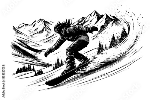 A man is snowboarding down a mountain. The image is black and white and has a moody, dramatic feel to it
