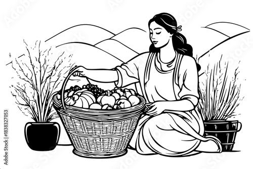 A woman is sitting on the ground and picking fruit from a basket. The basket is full of apples and oranges. The woman is surrounded by nature, with trees and mountains in the background