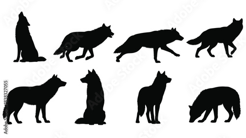 A collection of black wolf silhouettes in various poses and perspectives